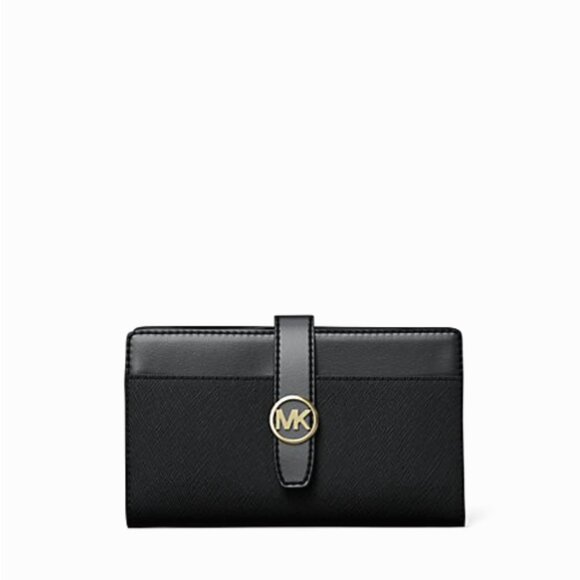 New Michael Kors Greenwich Medium Saffiano Leather Wallet Black with Gold - Picture 1 of 4